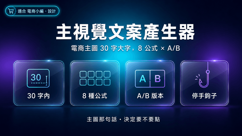 主視覺文案產生器封面:電商主圖 30 字內大字文案,8 公式 × A/B 版本