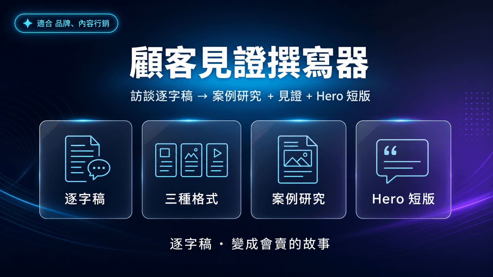 顧客見證撰寫器|訪談逐字稿 → 案例研究 + 見證 + Hero 短版 三格式