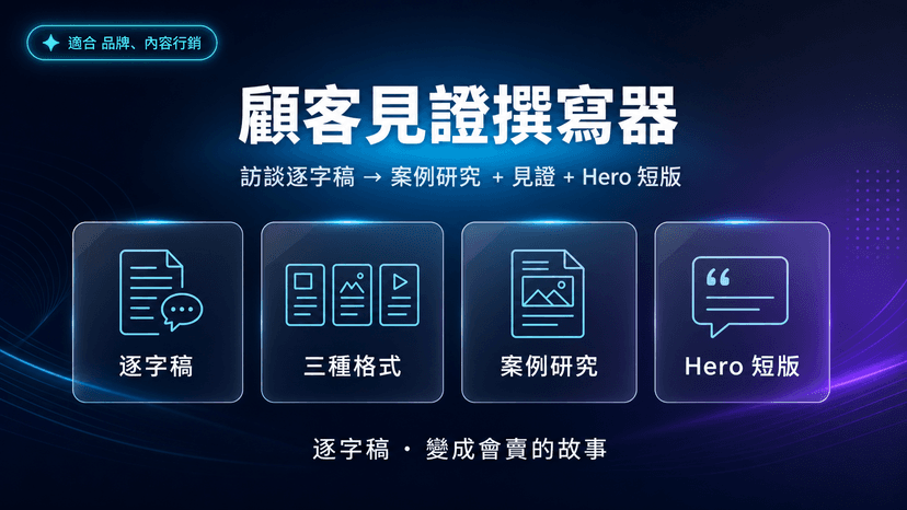 顧客見證撰寫器封面:訪談逐字稿 → 案例研究 + 見證 + Hero 短版 三格式