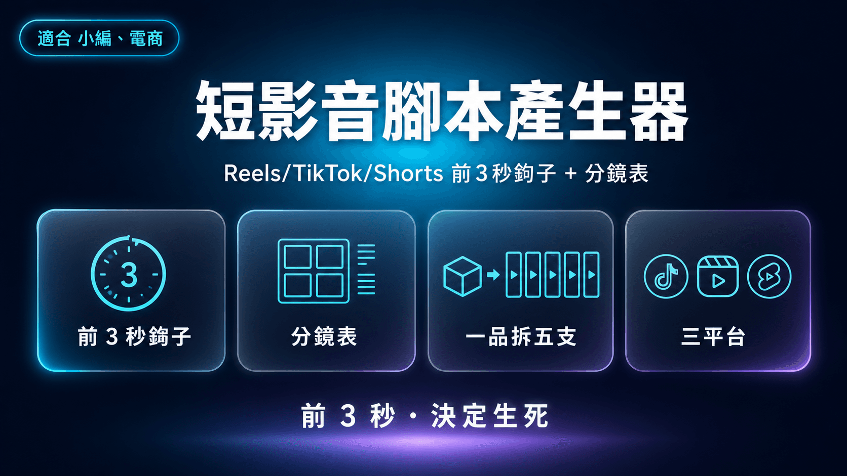 短影音腳本產生器|Reels/TikTok/Shorts 前 3 秒鉤子 + 分鏡表,一個商品拆五支