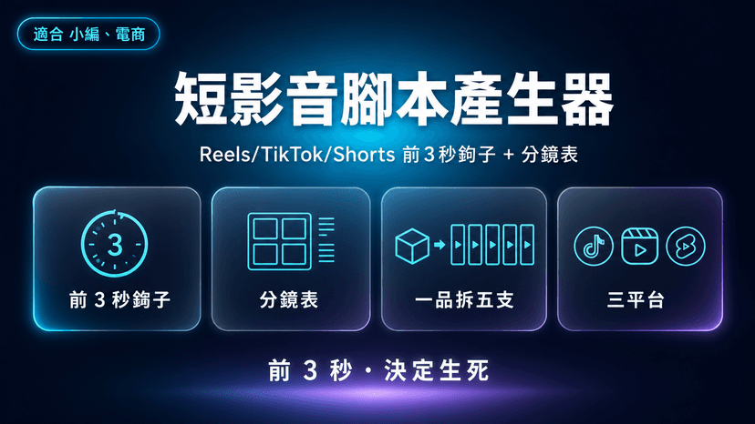 短影音腳本產生器封面:Reels/TikTok/Shorts 前 3 秒鉤子 + 分鏡表,一個商品拆五支