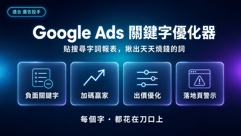 Google Ads 關鍵字優化器|貼搜尋字詞報表,揪出天天燒錢卻零轉換的字