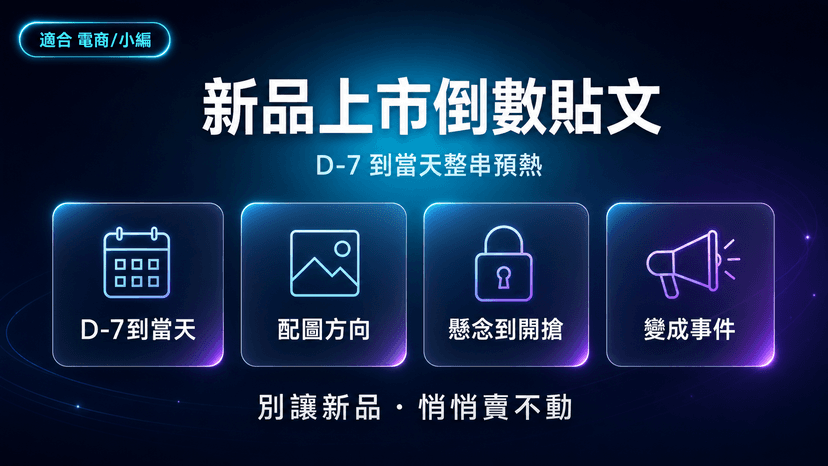 新品上市倒數貼文封面:開賣前 7 天到當天,一次生成整串預熱貼文