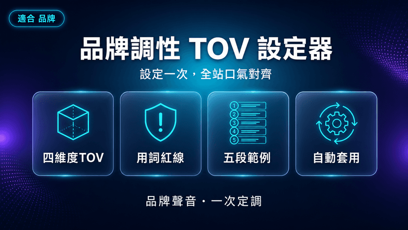 品牌調性 TOV 設定器封面:設定一次品牌口氣,所有 AI 文案自動對齊